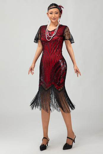Sparkly Black Golden Sequins V-Neck Flapper Dress with Beading