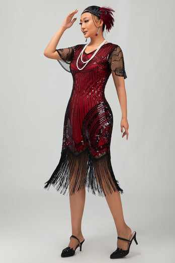 Sparkly Black Golden Sequins V-Neck Flapper Dress with Beading