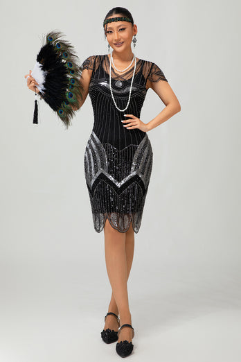 Sparkly Black Silver Sequins Bodycon Flapper Dress with Beading