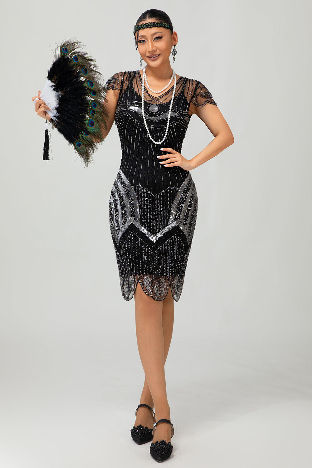 Sparkly Black Silver Sequins Bodycon Flapper Dress with Beading