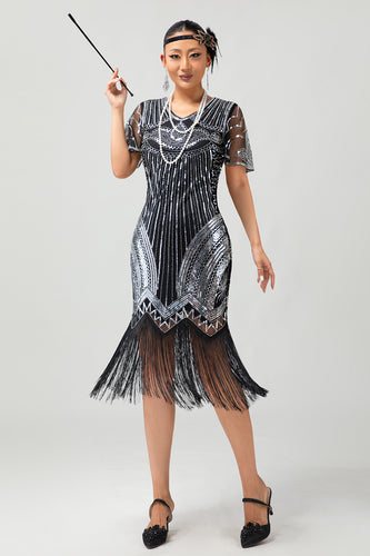 Sparkly Black Silver Bodycon Fringed Flapper Dress with Sleeves