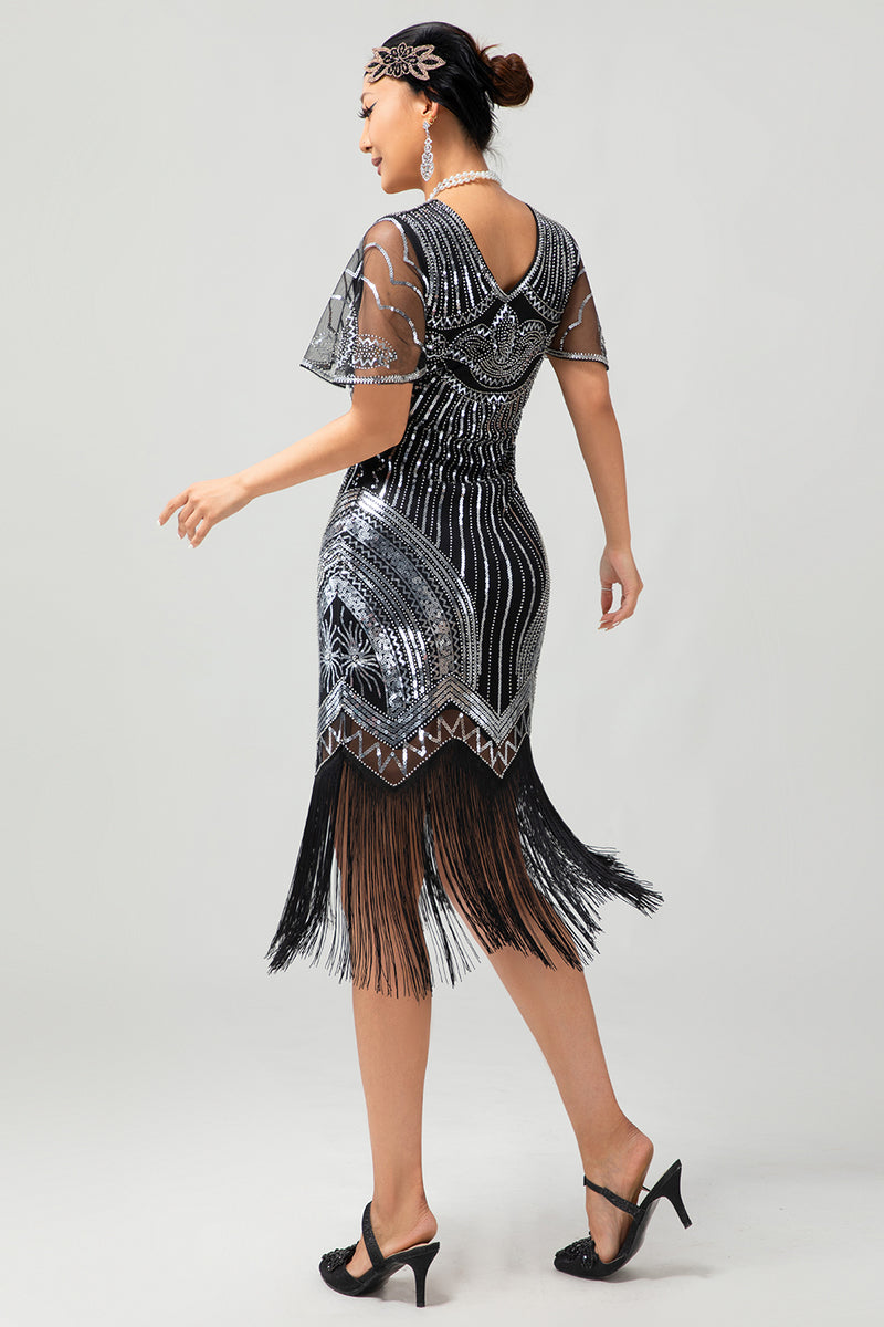 Load image into Gallery viewer, Sparkly Black Silver Bodycon Fringed Flapper Dress with Sleeves