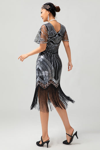 Sparkly Black Golden Sequins V-Neck Flapper Dress with Beading