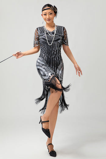 Sparkly Black Silver Bodycon Fringed Flapper Dress with Sleeves