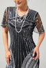 Load image into Gallery viewer, Sparkly Black Silver Bodycon Fringed Flapper Dress with Sleeves