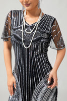 Load image into Gallery viewer, Sparkly Black Silver Bodycon Fringed Flapper Dress with Sleeves