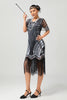 Load image into Gallery viewer, Sparkly Black Silver Bodycon Fringed Flapper Dress with Sleeves