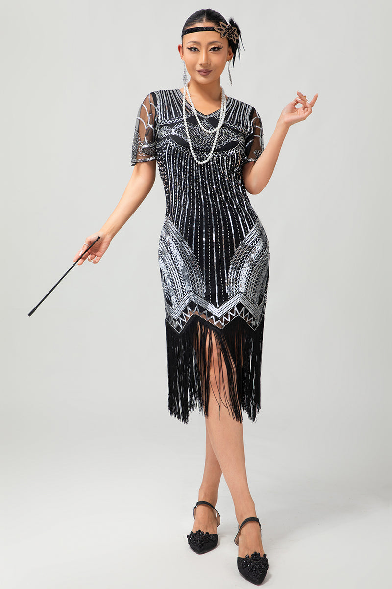 Load image into Gallery viewer, Sparkly Black Silver Bodycon Fringed Flapper Dress with Sleeves