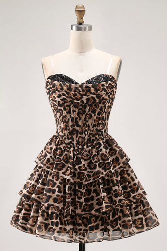 Brown Leopard A Line Tiered Sweetheart Short Corset Homecoming Dress