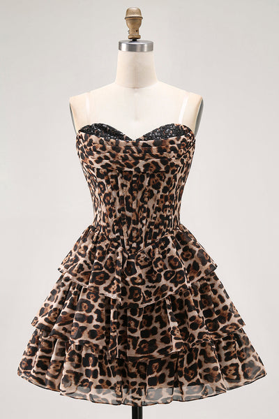 Brown Leopard A Line Tiered Sweetheart Short Corset Homecoming Dress