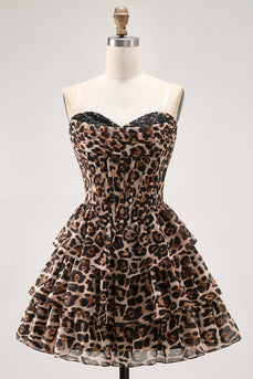 Brown Leopard Tiered Sweetheart Corset Short Homecoming Dress