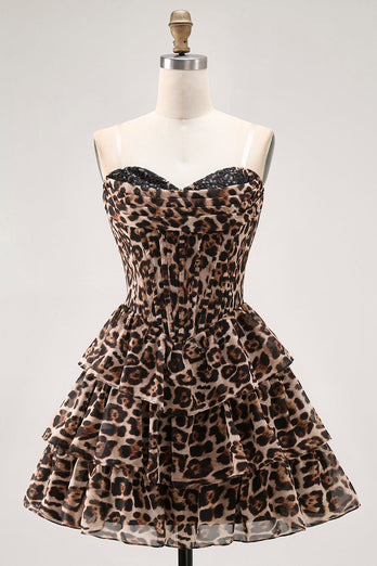 Brown Leopard A Line Tiered Sweetheart Short Corset Homecoming Dress