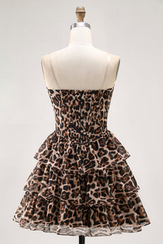 Brown Leopard A Line Tiered Sweetheart Short Corset Homecoming Dress