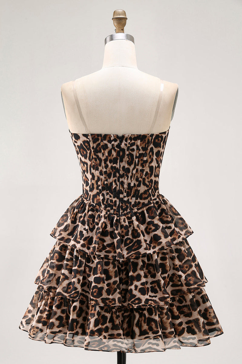 Load image into Gallery viewer, Brown Leopard A Line Tiered Sweetheart Short Corset Homecoming Dress