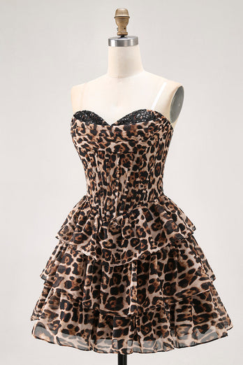 Brown Leopard A Line Tiered Sweetheart Short Corset Homecoming Dress