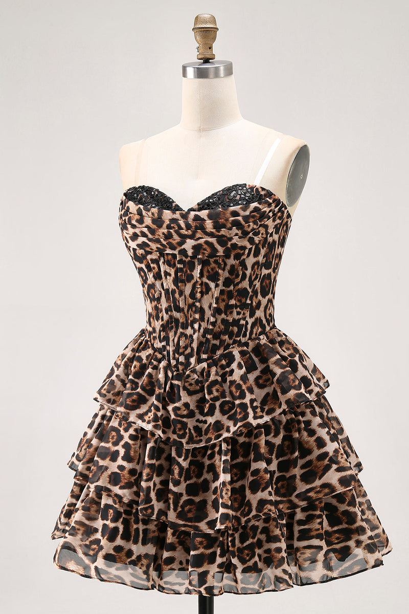 Load image into Gallery viewer, Brown Leopard A Line Tiered Sweetheart Short Corset Homecoming Dress