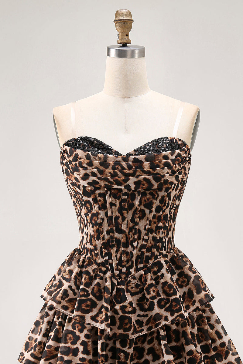 Load image into Gallery viewer, Brown Leopard A Line Tiered Sweetheart Short Corset Homecoming Dress