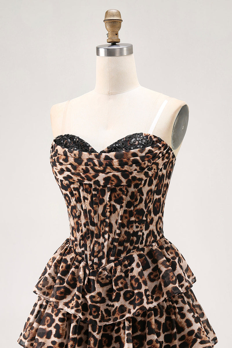 Load image into Gallery viewer, Brown Leopard A Line Tiered Sweetheart Short Corset Homecoming Dress