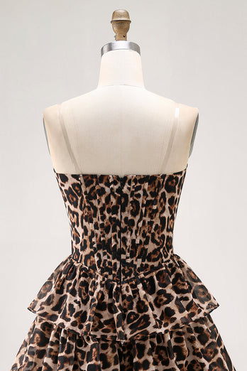 Brown Leopard A Line Tiered Sweetheart Short Corset Homecoming Dress