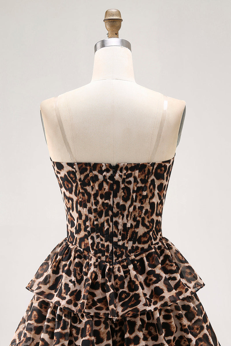 Load image into Gallery viewer, Brown Leopard A Line Tiered Sweetheart Short Corset Homecoming Dress
