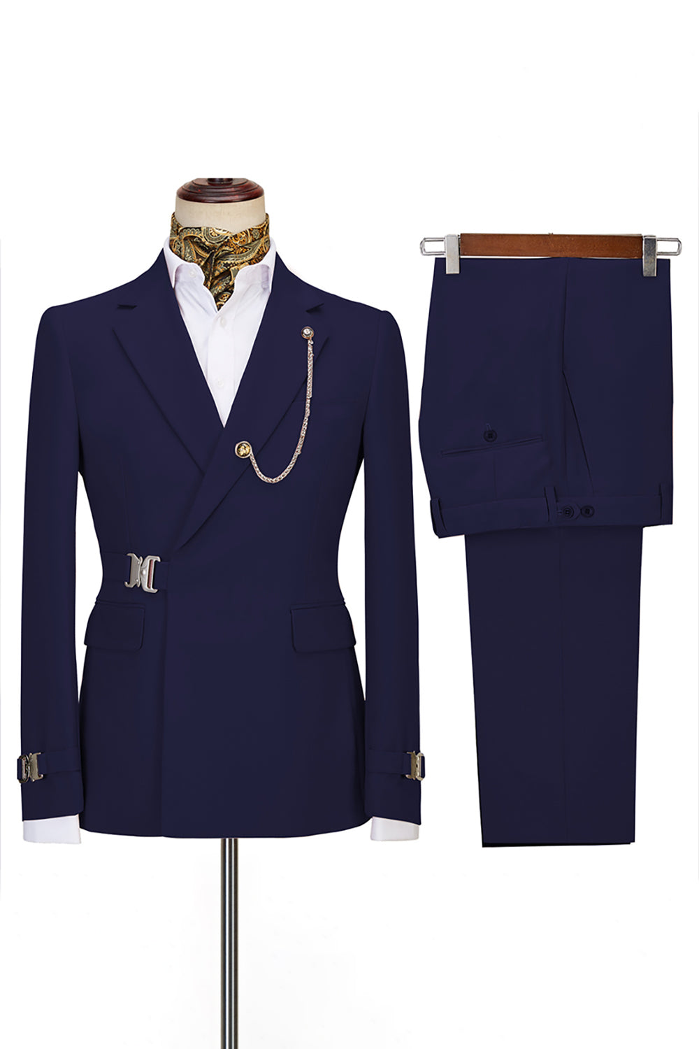 Queendancer Men 2 Piece Navy Prom Suits with Pockets Notched Lapel Long Sleeves Homecoming Suits