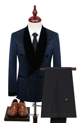 Sparkly Navy 2 Piece Shawl Lapel Prom Homecoming Men's Suits