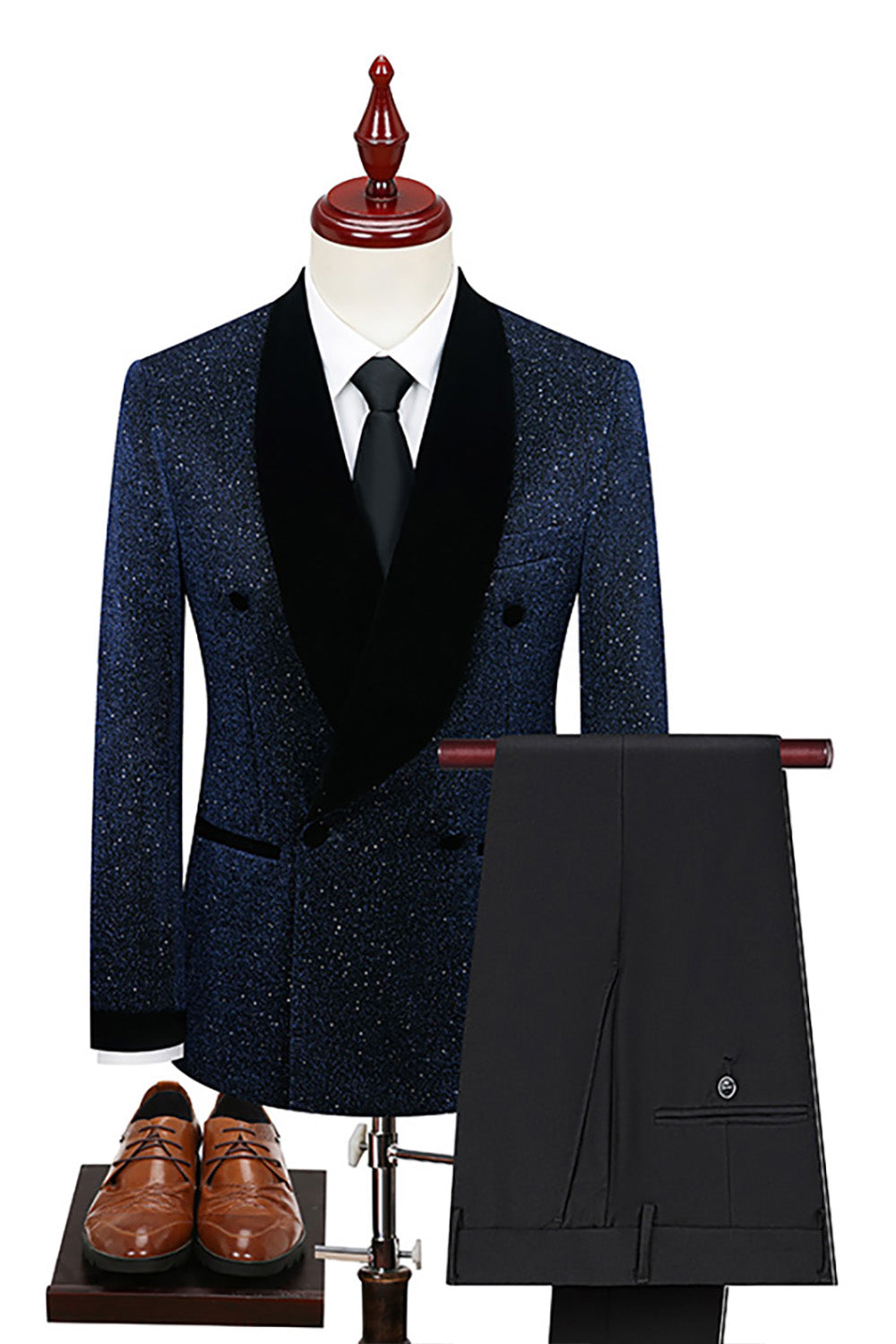 Sparkly Navy 2 Piece Shawl Lapel Prom Homecoming Men's Suits