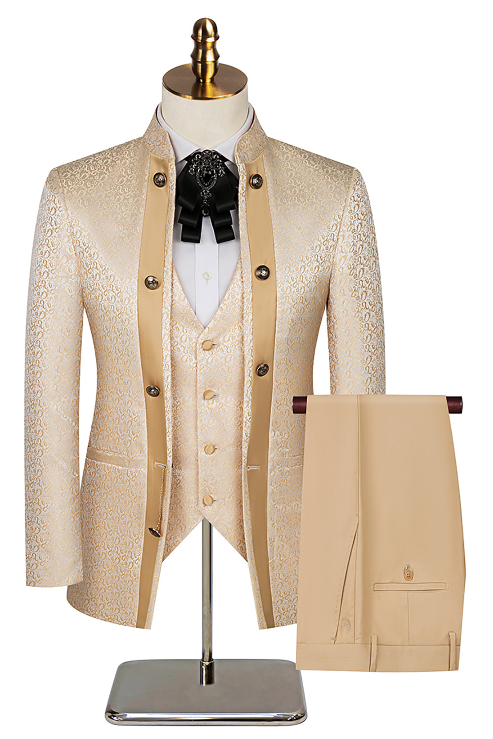 3 Piece Khaki Double Breasted Jacquard Prom Homecoming Men's Suits