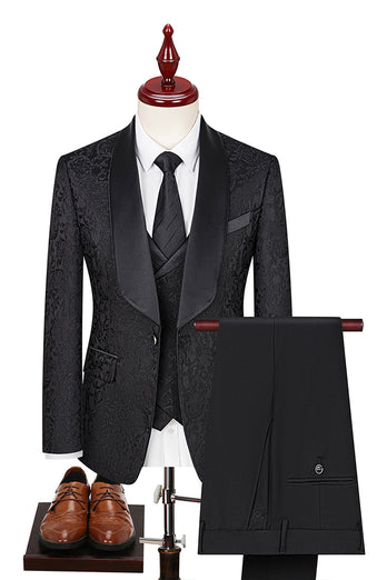 3 Piece Dark Green Jacquard Shawl Lapel Prom Homecoming Men's Suits