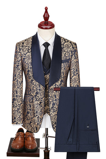 3 Piece Dark Green Jacquard Shawl Lapel Prom Homecoming Men's Suits