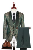 Load image into Gallery viewer, Queendancer Men Dark Green 3 Piece Jacquard Prom Suits with Pockets Shawl Lapel Men&#39;s Homecoming Suits