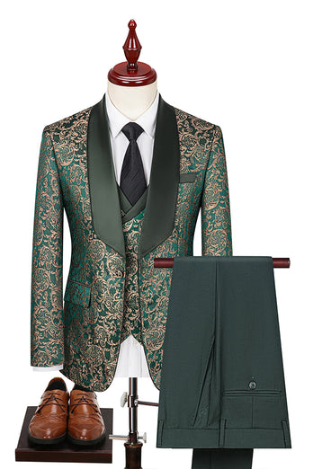 3 Piece Dark Green Jacquard Shawl Lapel Prom Homecoming Men's Suits