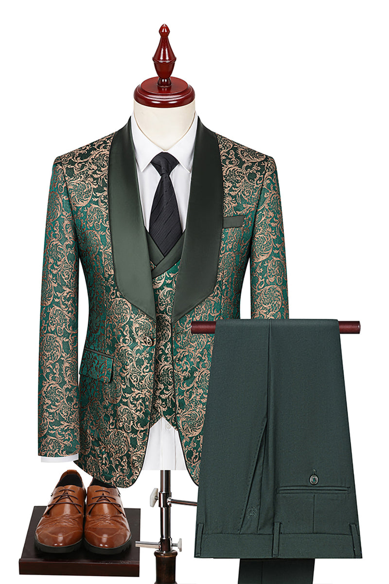 Load image into Gallery viewer, 3 Piece Dark Green Jacquard Shawl Lapel Prom Homecoming Men&#39;s Suits