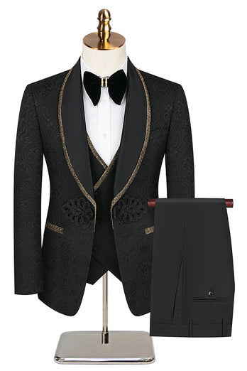 3 Piece Black Jacquard Shawl Lapel Prom Homecoming Men's Suits