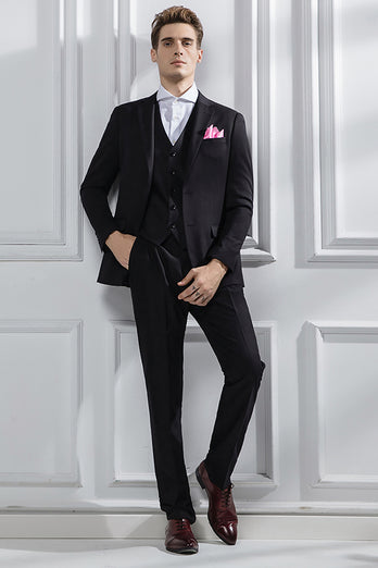 3 Piece Black Notched Lapel Solid Prom Homecoming Men's Suits