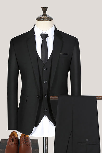 3 Piece Black Solid Notched Lapel Prom Homecoming Men's Suits