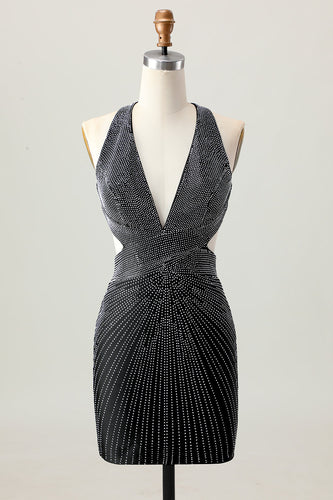 Sparkly Black Tight V-Neck Short Homecoming Dress with Beading