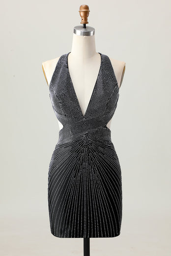 Sparkly Black Tight V-Neck Short Homecoming Dress with Beading