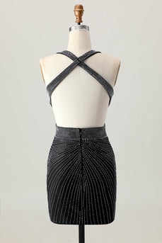Sparkly Black Tight V-Neck Short Homecoming Dress with Beading