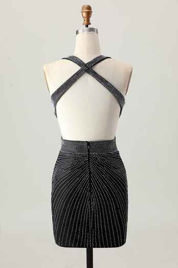 Sparkly Black Tight V-Neck Short Homecoming Dress with Beading