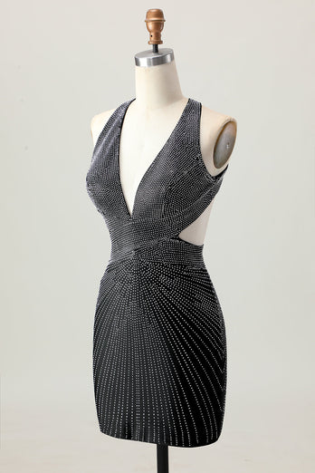 Sparkly Black Tight V-Neck Short Homecoming Dress with Beading