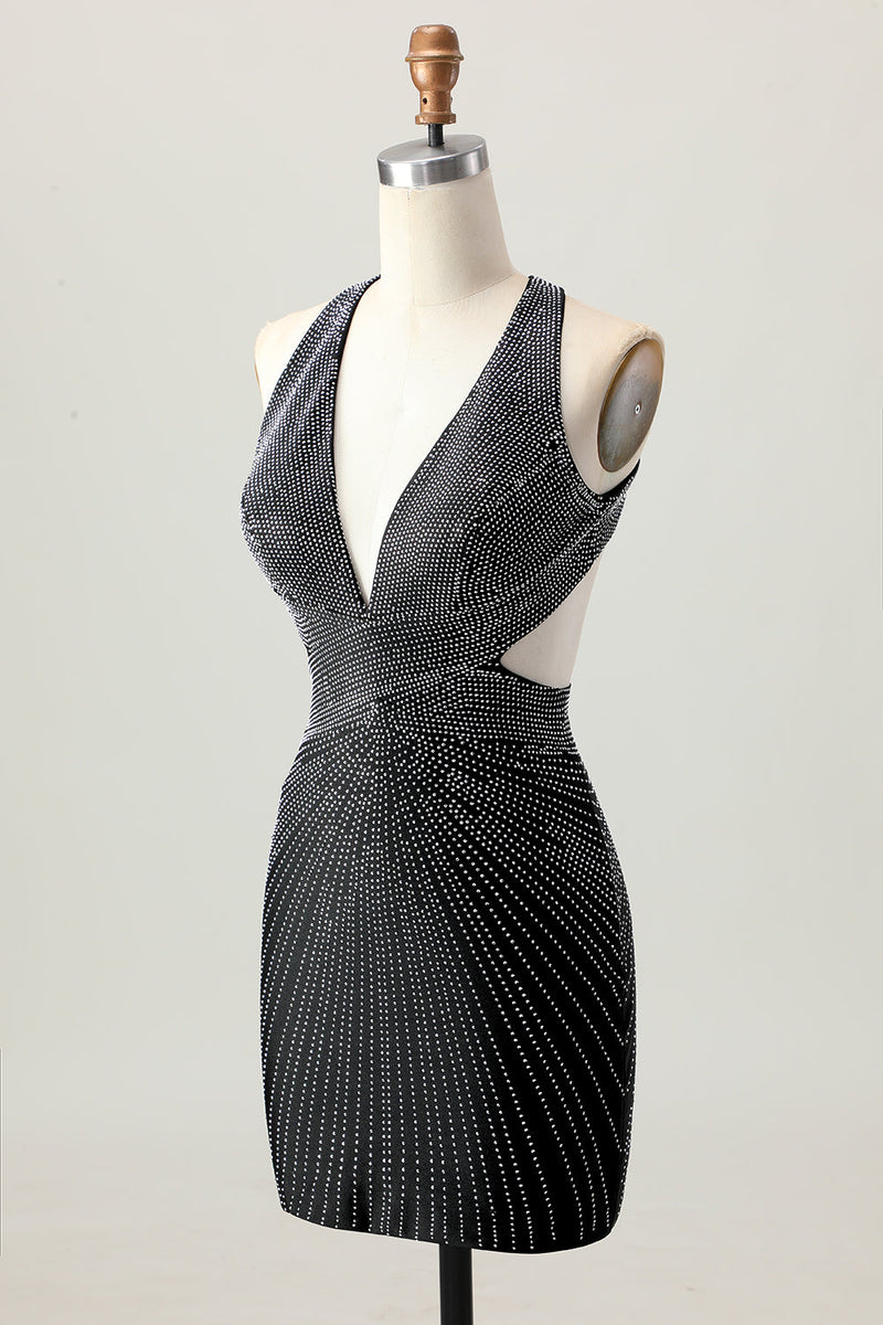 Load image into Gallery viewer, Sparkly Black Tight V-Neck Short Homecoming Dress with Beading
