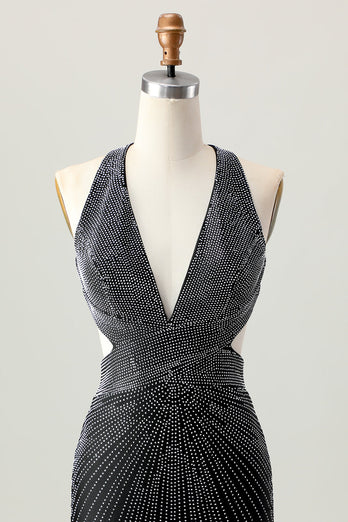 Sparkly Black Tight V-Neck Short Homecoming Dress with Beading
