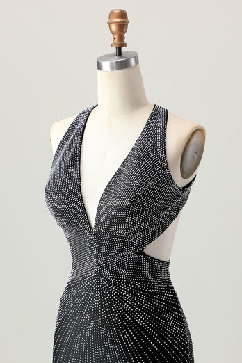 Sparkly Black Tight V-Neck Short Homecoming Dress with Beading