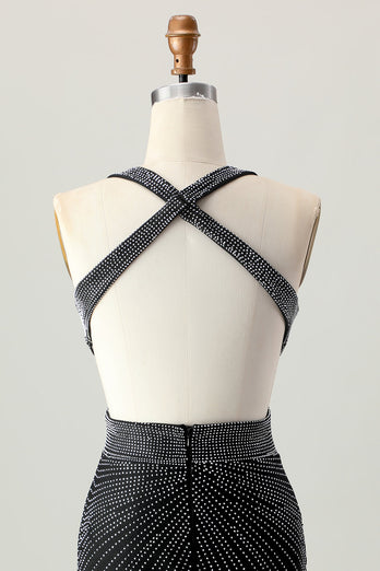 Sparkly Black Tight V-Neck Short Homecoming Dress with Beading