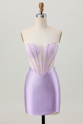 Sparkly Lilac Strapless Short  Corset Homecoming Dress with Beading