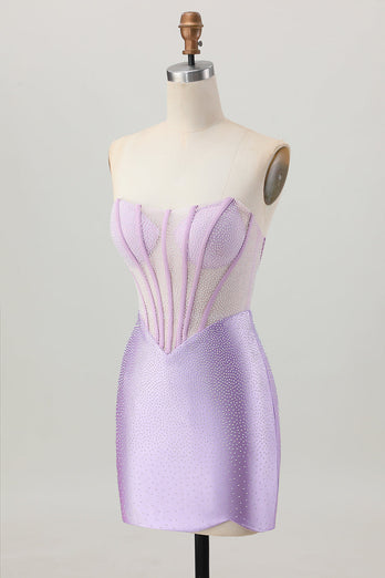 Sparkly Lilac Strapless Short  Corset Homecoming Dress with Beading