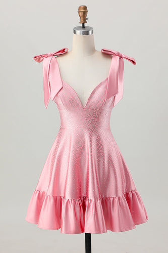 Sparkly Blush Pink Satin A Line Short Beaded Homecoming Dress with Bows