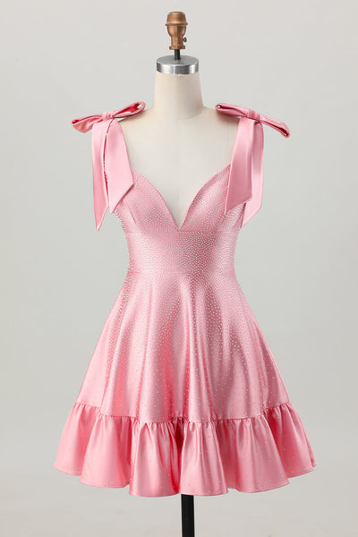 Sparkly Blush Pink Satin A Line Short Beaded Homecoming Dress with Bows