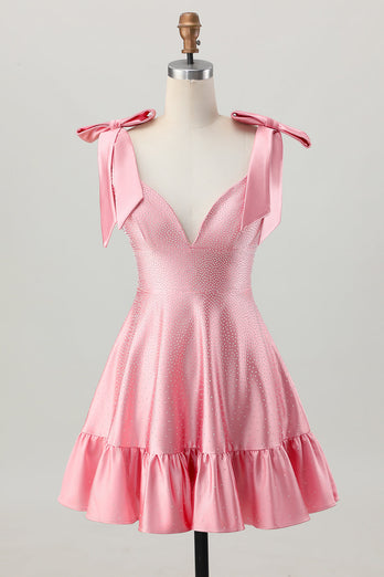 Sparkly Blush Pink Satin A Line Short Beaded Homecoming Dress with Bows